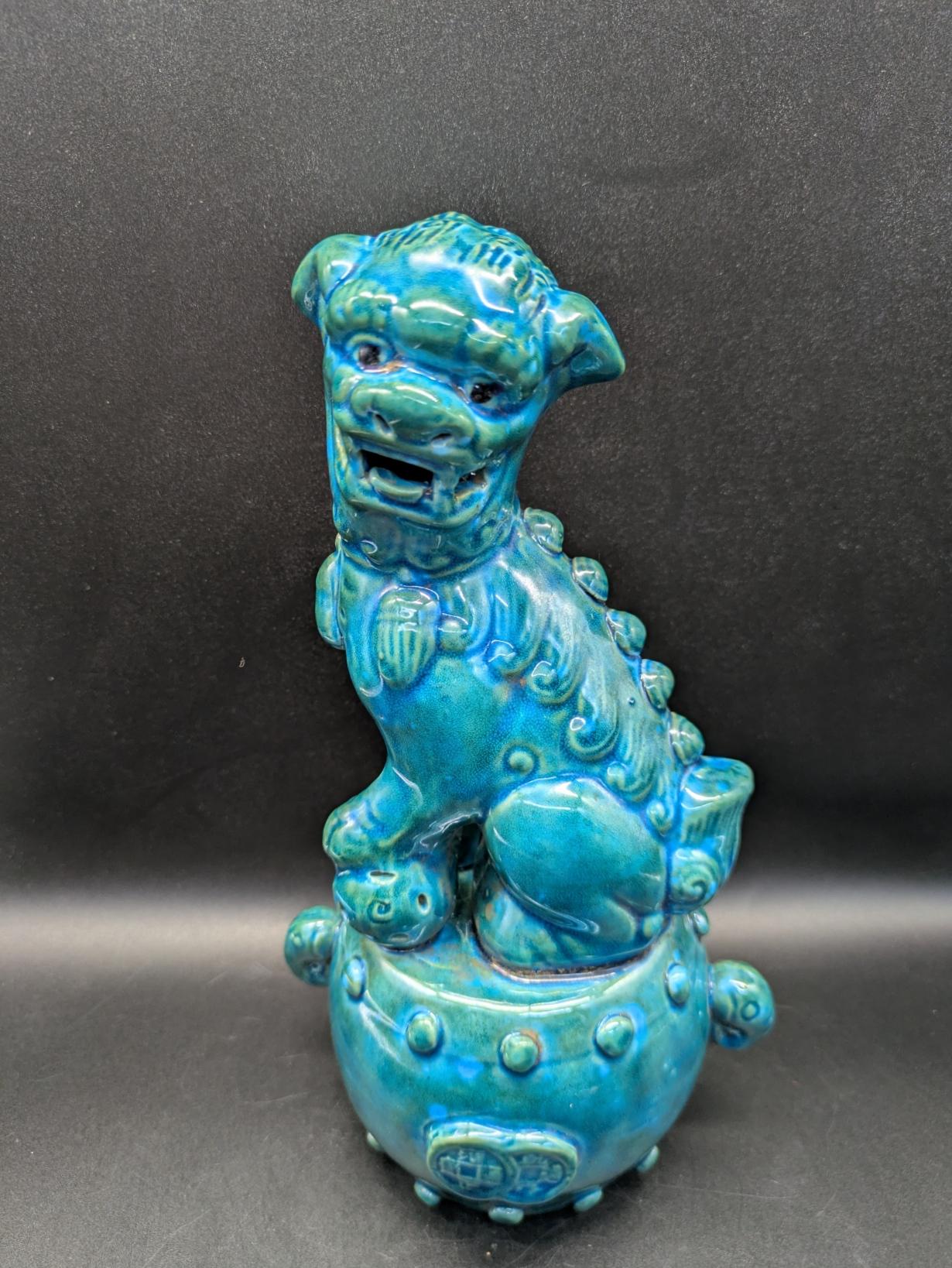Vintage Porcelain Foo Fu Dog Turquoise Blue Drum Circa Mid 20th
