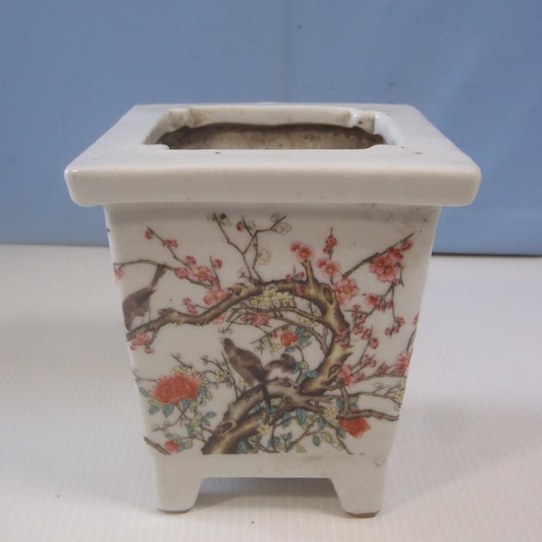 Vintage Lingnan ceramic bonsai pot retired circa mid 20th Century plum blossoms birds