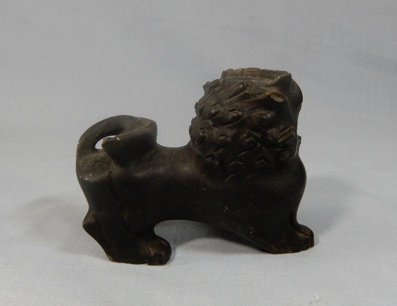 Antique Shoushan stone hand carved foo dog on display wood stand c.early 1900s
