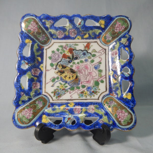 Vintage Canton Famille Rose Medallion plate floral butterflies motif gilted circa mid Century hand painted