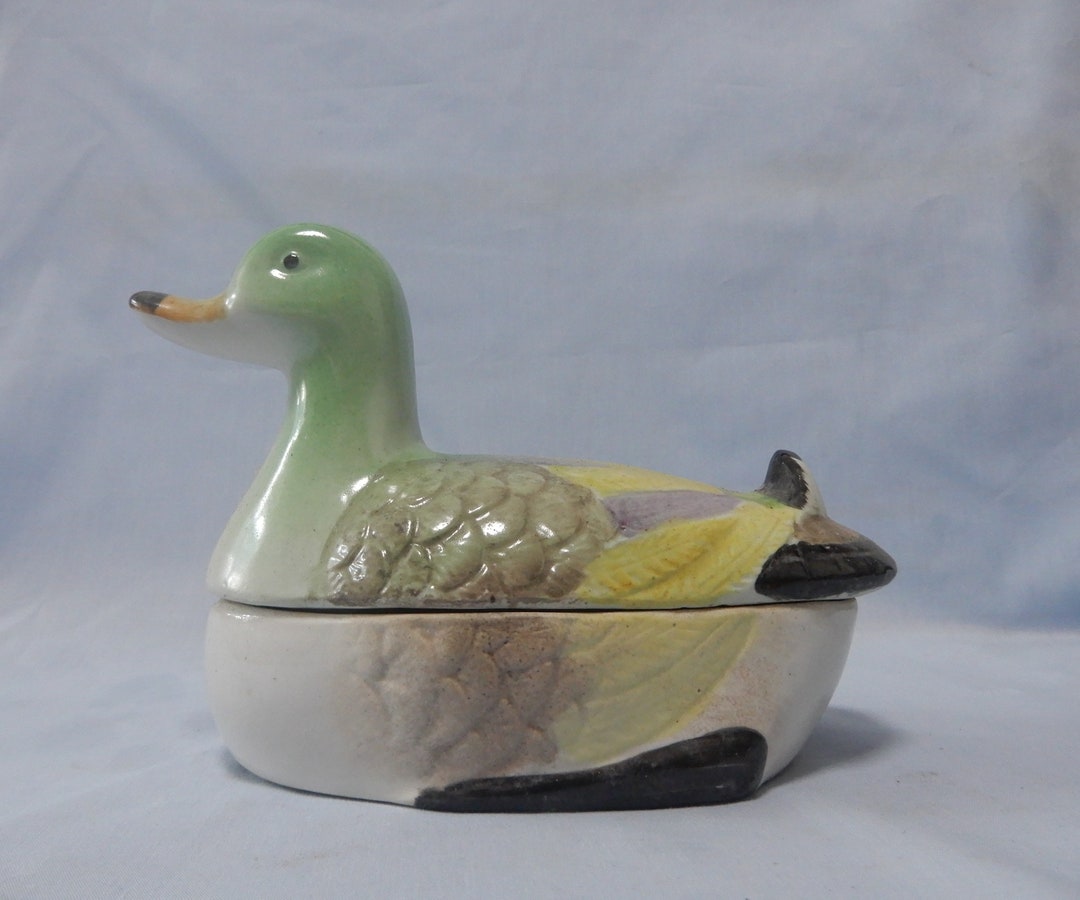 Vintage Ceramic Duck Cookie Jar Hand Crafted Hand Painted Circa Mid 20