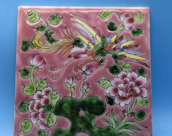 Vintage Peranakan wandtegel handgemaakt feniks chrysant motief gepensioneerd