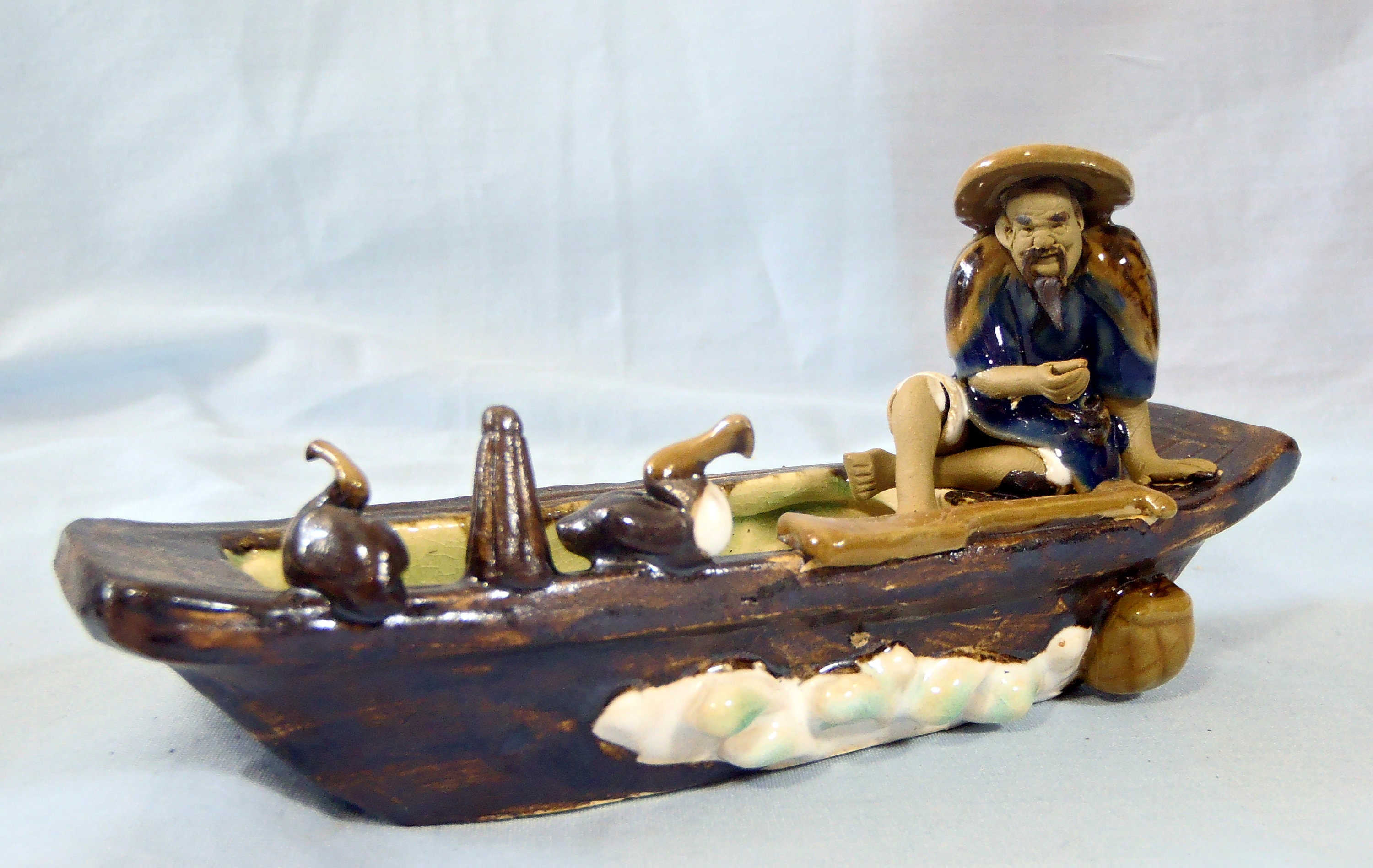 Antique Shiwan fine ceramic mudman fisherman birds boat circa 1940s retired