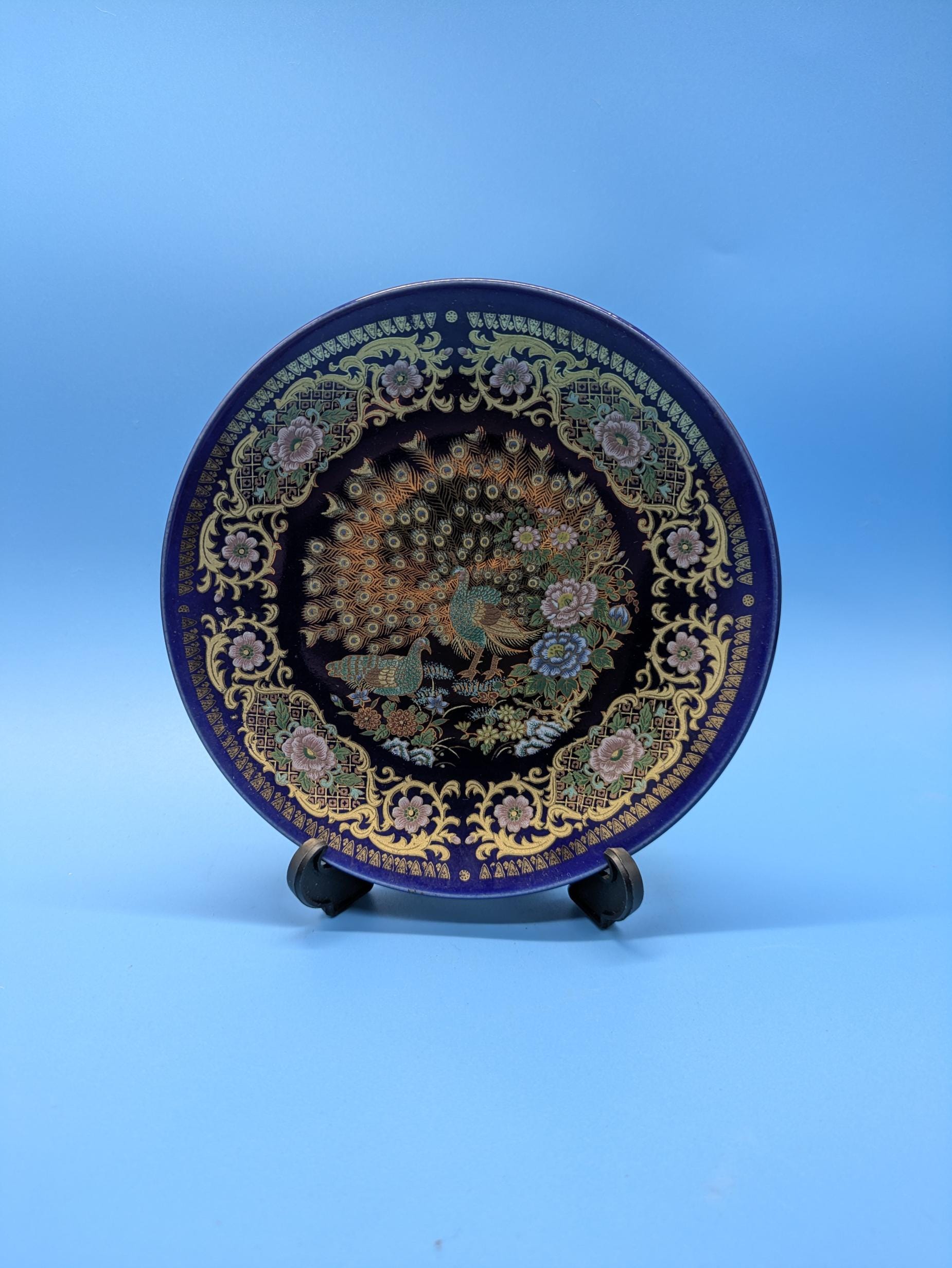 Vintage Moroccan Taous Peacock Cobalt Blue Porcelain Plate With