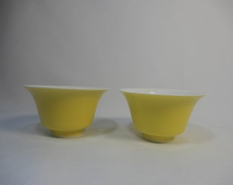 Chinese vintage porcelain teacups one pair imperial yellow glaze motif circa mid 20th Century RARE FIND