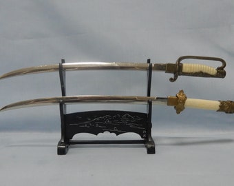 Vintage miniature katana & sword, letter openers pair display stand circa late 20th Century by Marto of Spain