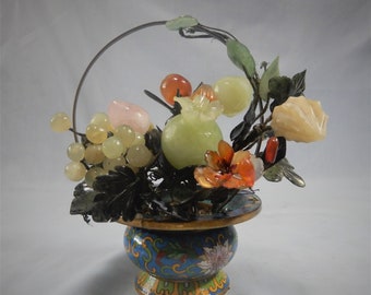 Antique Chinese cloisonne enamel basket carved jade quartz semi precious stone fruits circa early 20th Century