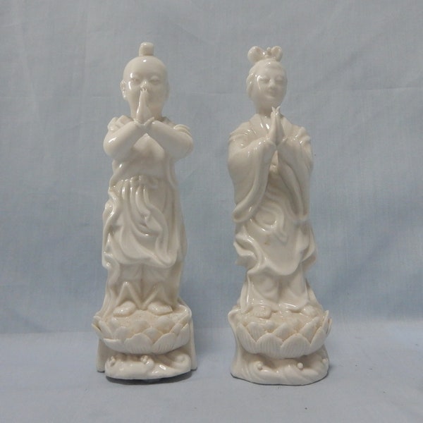 Antike seltene Blanc de Chine Porzellan Statuen Junge Mädchen Gottheiten Späte Qing Periode