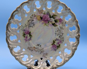 Vintage reticulated Japanese bone China porcelain plate with floral motif