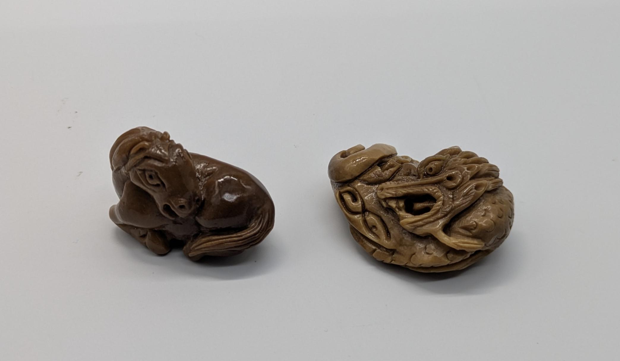 Vintage Japanese Hand Carved Taque Nut Netsuke Dragon & Horse