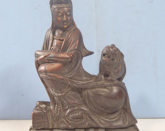 Antique Shoushan Stone hand carved Kwan Yin Foo Dog circa 1920 to 1940 unused