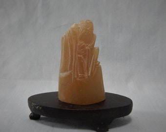 Antique Shoushan stone hand carving longevity deity miniature wood stand circa early 20th Century
