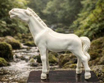 Vintage Blanc de Chine horse on display wood stand mid Century retired /discontinued