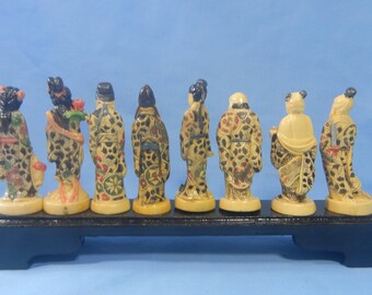 Vintage Faux Ivory Fishbone Resin 8 Immortals Wood Stand Hand