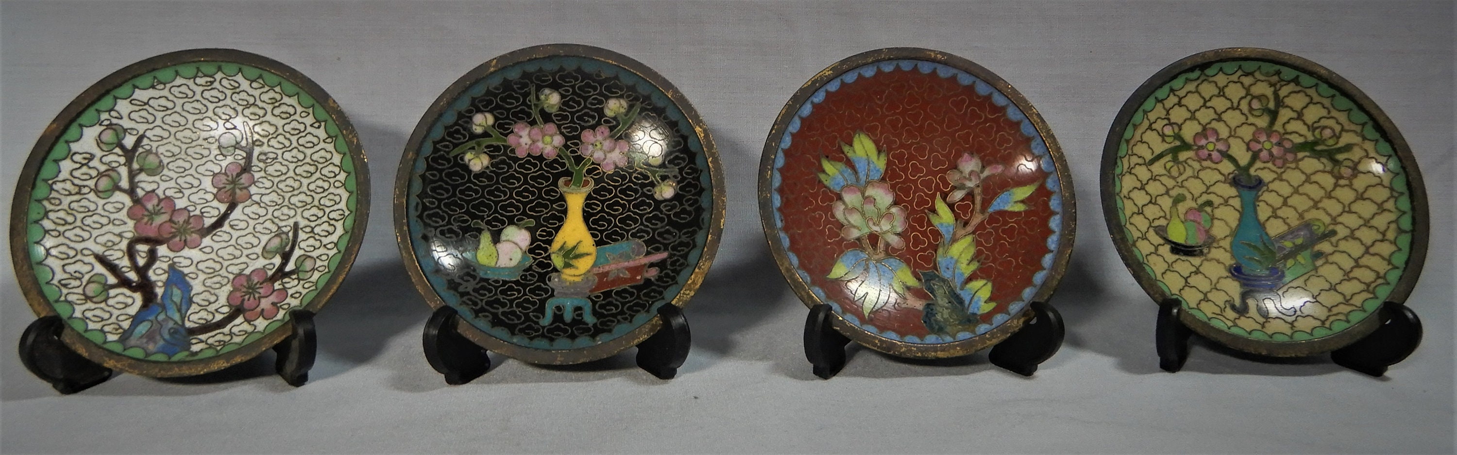 Antique Chinese Cloisonne Plates Seto F 4 Hand Crafted Stands Etsy