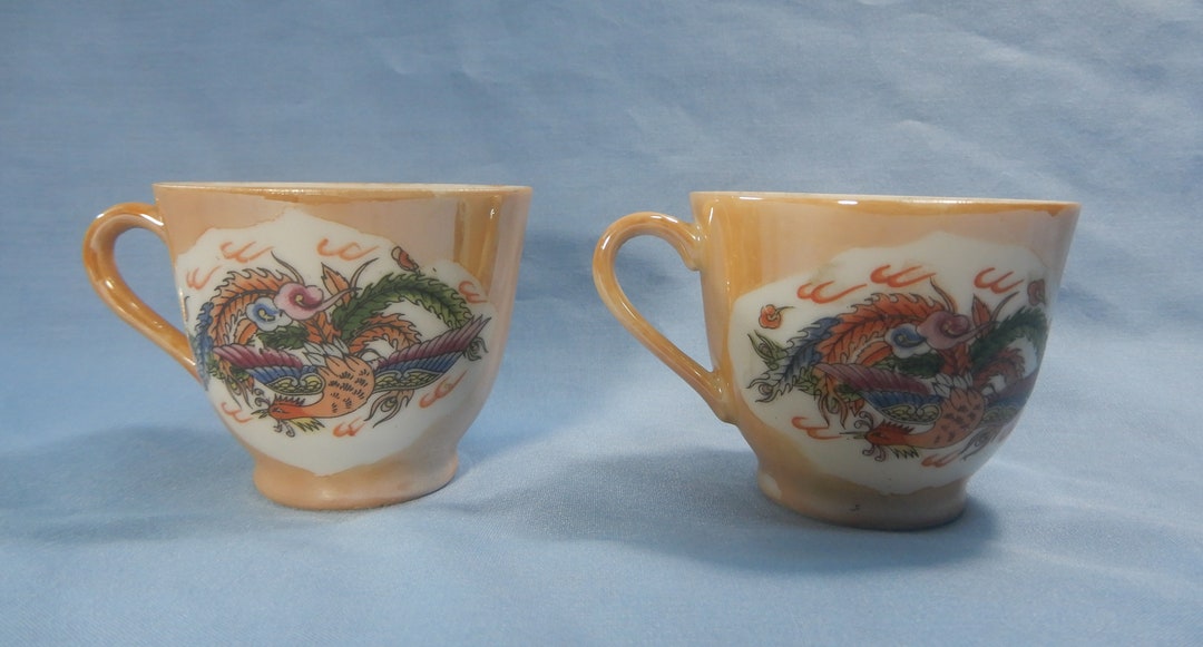 Vintage Japanese Porcelain Tea Cups Pair Dragon Phoenix Motif Mark at Underside Circa Mid 20th