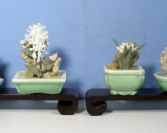 Vintage Chinese 4 seizoenen bloemen pruimenbloesem orchidee chrysant pioenroos jaren 1950