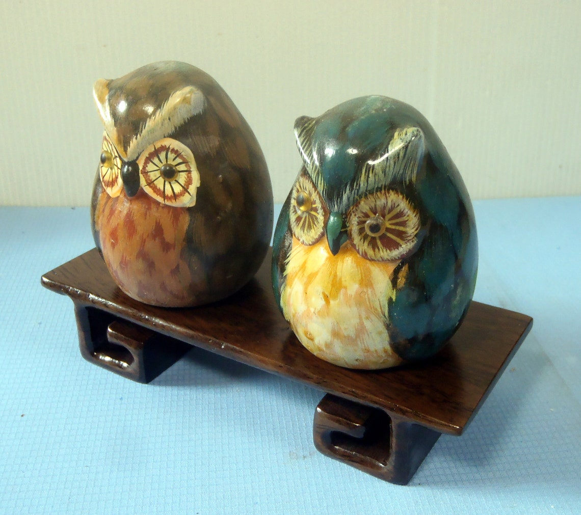 Art Pottery Vintage Ceramic Owls Pair Hand Painted Exotic Wood Etsy