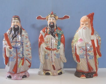 Vintage porcelain Fu Lu Shou statues Deities of good fortune circa 1960s unused