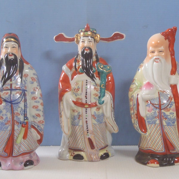 Vintage porcelain Fu Lu Shou statues Deities of good fortune circa 1960s unused