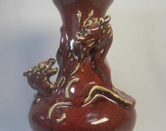Chinese antique flambe oxblood glaze porcelain vase with twin dragons late Qing Dynasty