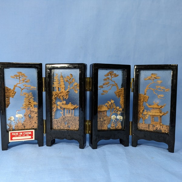 Vintage China table screen hand crafted corkwood diorama landscapes 4 panels circa aerly 20th Century retired