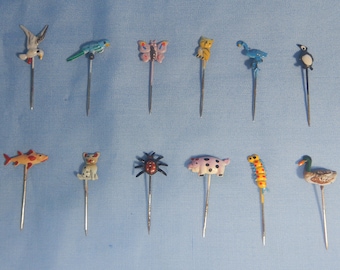 Vintage hand painted metal collectible pins stick hat lapel 1960s unused old stock 12 pieces made in South Korea