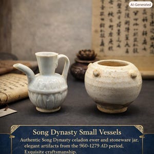 Könnte beinhalten: Eine hellblaue Seladon-Kanne mit Henkel und Ausguss neben einem runden, cremefarbenen Steingutgefäß mit kleinen kreisförmigen Vorsprüngen. Der Text auf dem Bild lautet Song Dynasty Small Vessels, Authentic Song Dynasty celadon ewer and stoneware jar, elegant artifacts from the 960-1279 AD period, Exquisite craftsmanship.
