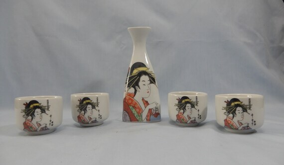 Vintage Japanese Sake Set Bottle 4 Cups Geisha Design Unused From Old Stock  - Etsy Finland