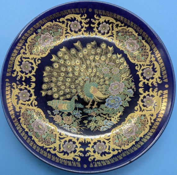 Vintage Moroccan Taous Peacock Cobalt Blue Porcelain Plate With