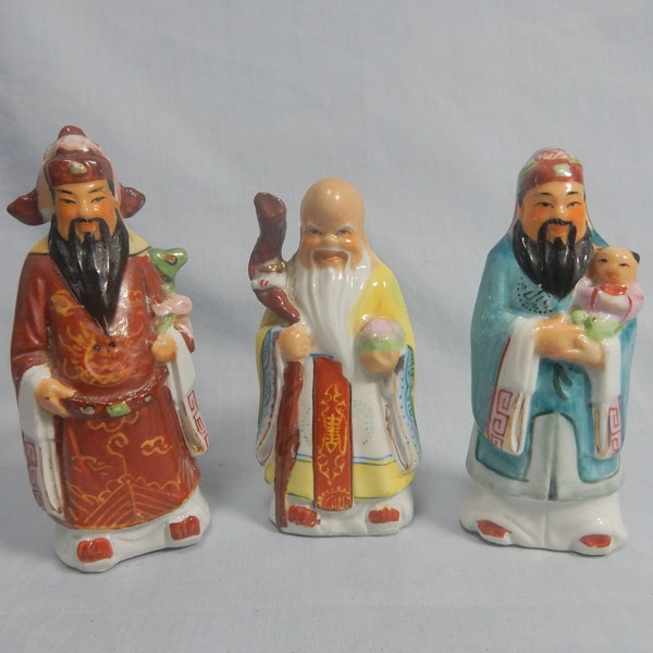 Vintage Chinese ceramic statues fu lu shou gods of good luck mid Century