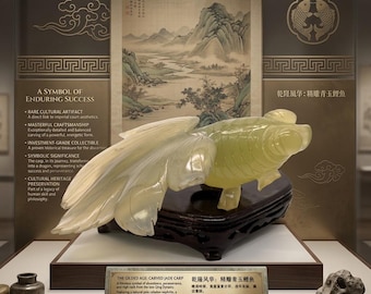 Vintage jade goldfish on display wood stand