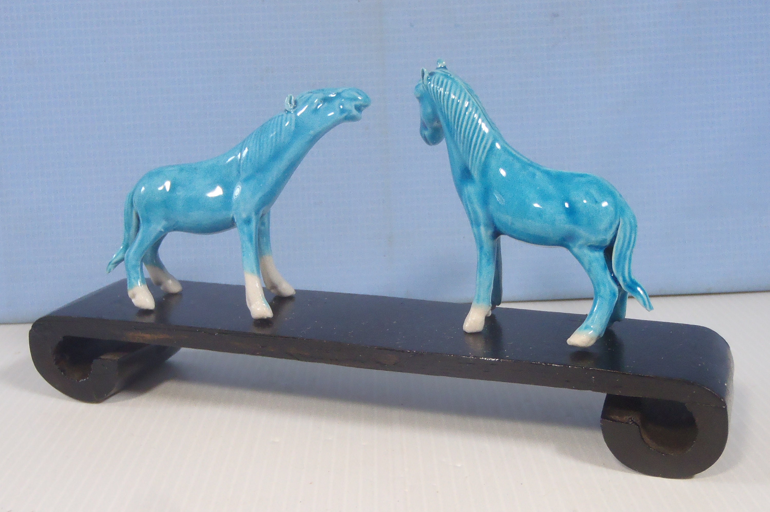Vintage Jingdezhen Chinese Turquoise Porcelain Horses Set of 8