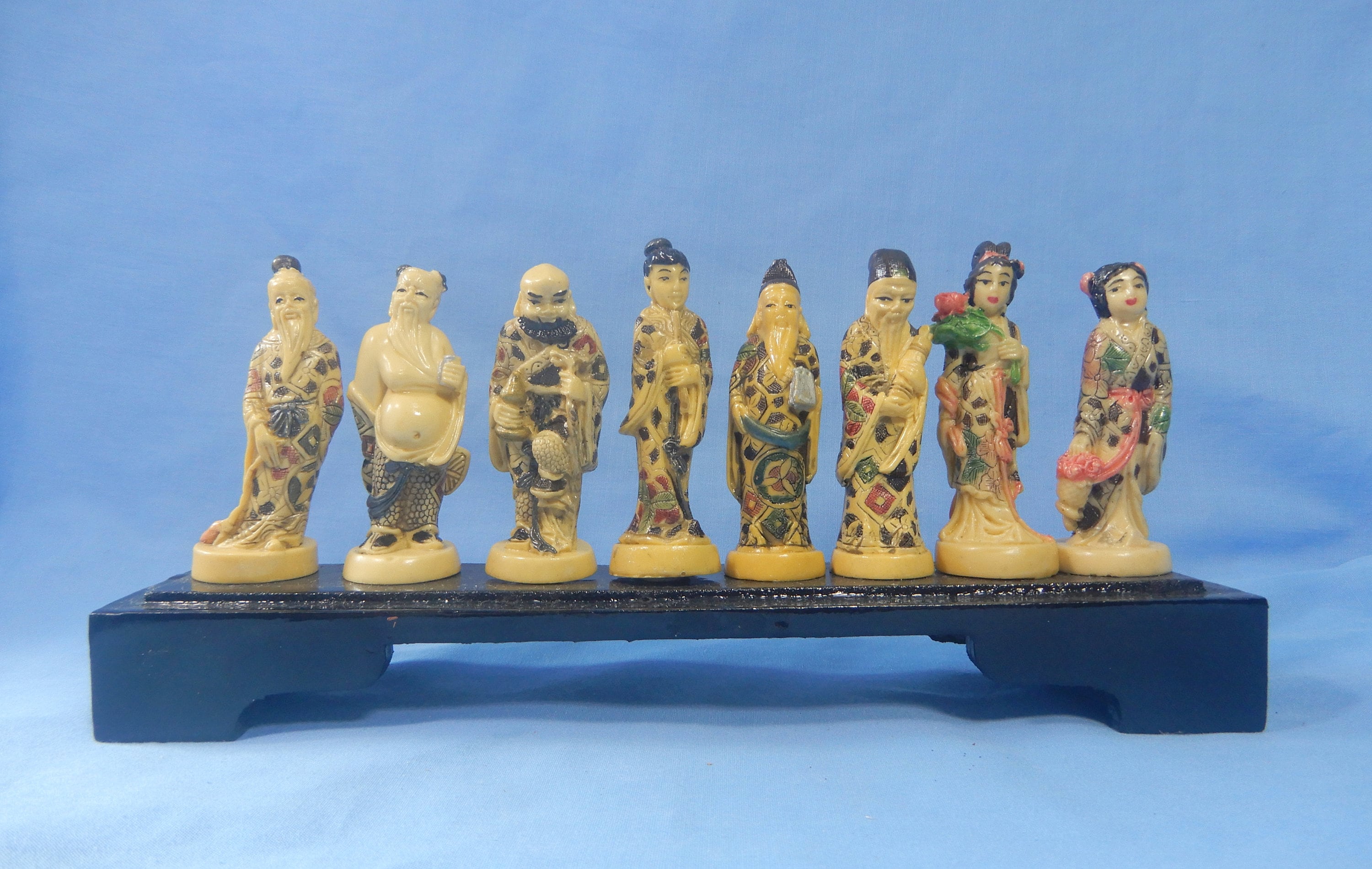 Vintage Faux Ivory Fishbone Resin 8 Immortals Wood Stand Hand