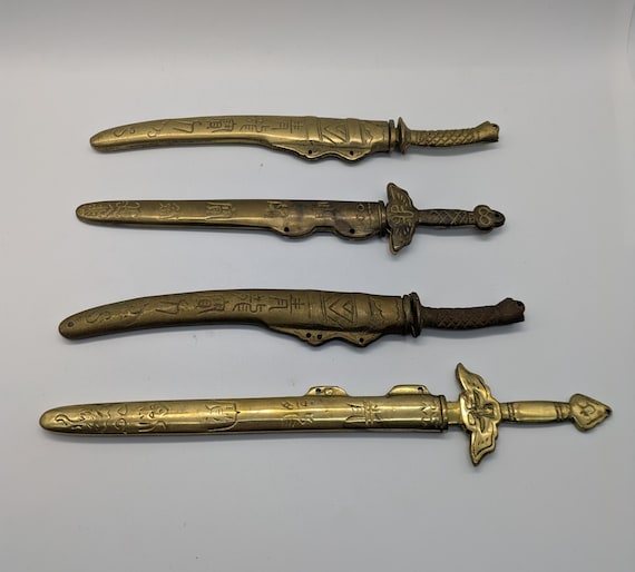 Vintage Chinese Miniature Brass Sword Letter Opener Dragon Motif