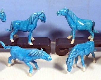 Vintage Jingdezhen turquoise porcelain horses full set of 8 circa 1950 -70 unused lg