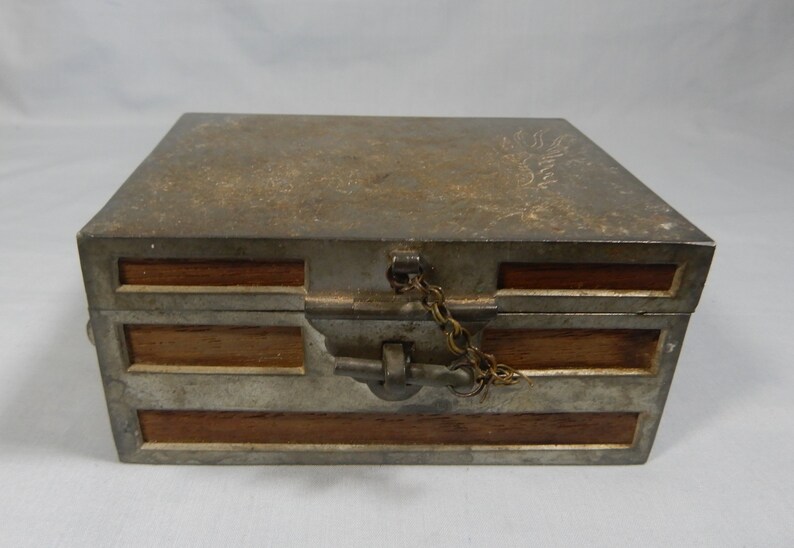 Antique Chinese metal box dragon engravings circa mid 20 Century retired