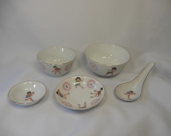 Vintage Chinees porseleinen eetservies uit de Republiekperiode (1912-1949) met pingpongdesign, Liling China, ongebruikt.