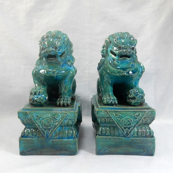 Vintage Chinese porcelain turquoise blue foo dogs pair hand crafted painted retired discontinued