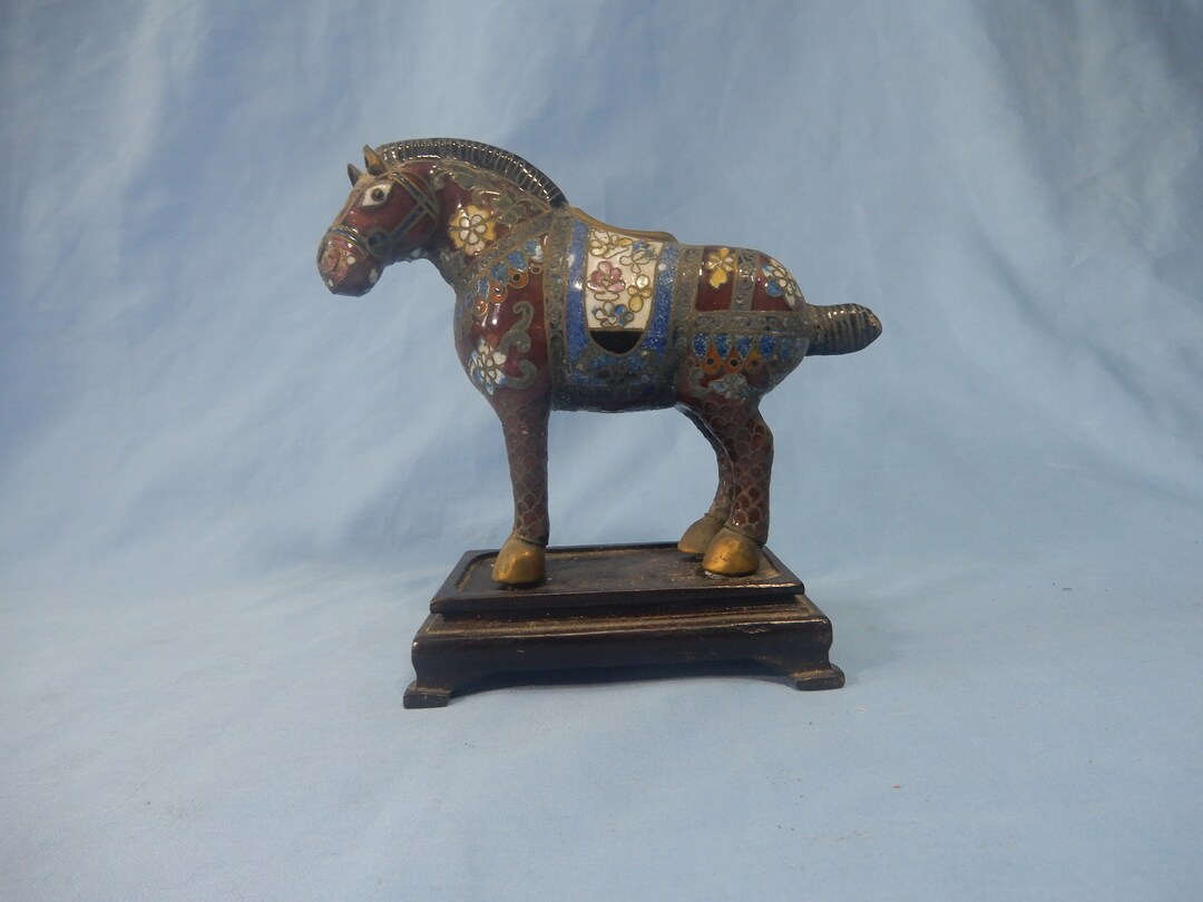 Antique Chinese Cloisonne Horse Display Wood Stand Circa Early 20th