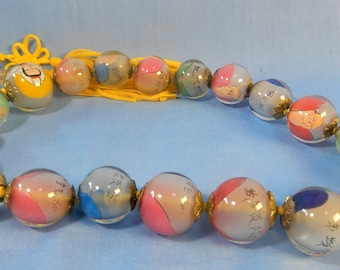 Chinese vintage glass prayer beads with reversed paints Buddha Guan Yin, Deities calligraphy original box