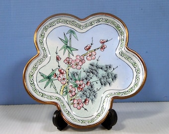 Antique Chinese Famille Rose Canton Plate Enameled Porcelain Brass Qing Period