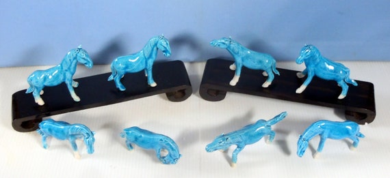 Vintage Jingdezhen Chinese Turquoise Porcelain Horses Set of 8