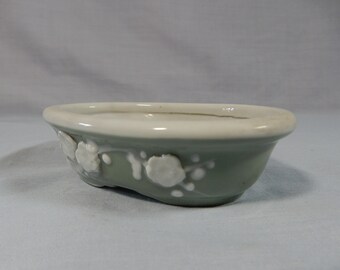 Vintage Lingnan porcelain flower bonsai pot dark jade green retired 1960s ee 
