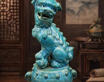 Vintage porcelain foo fu dog turquoise blue drum circa mid 20th Century signed