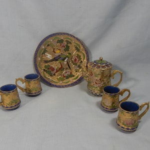 Vintage Chinese cloisonne miniature teapot set plate cups circa mid 1900s