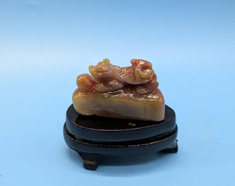 Vintage Shoushan Stone Chinese foo dog wood stand circa early to mid 20th Century