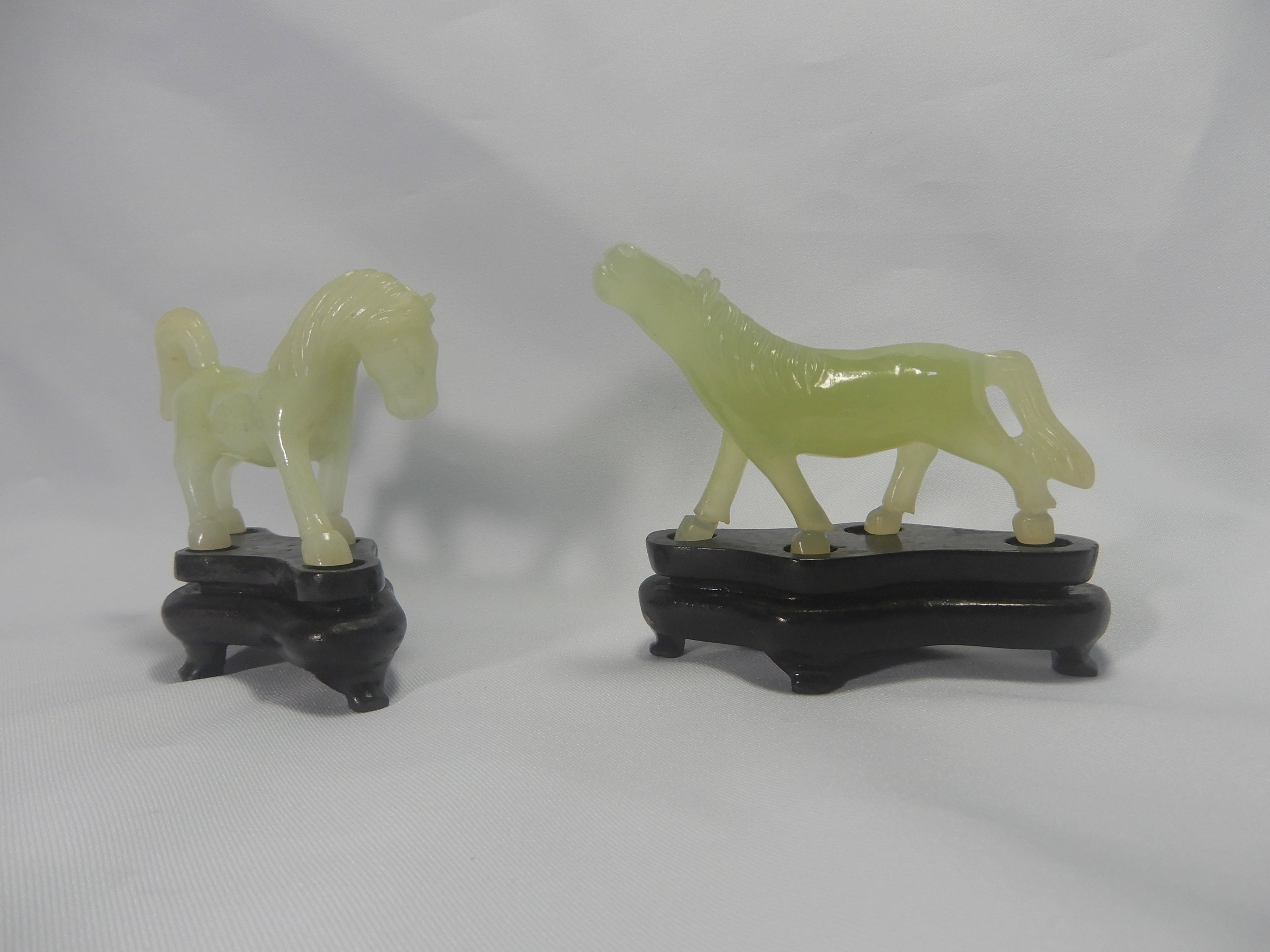 Antique Chinese Nephrite Xui Jade Horses Stands Pair Hand Carved