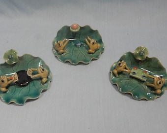 Vintage Chinese ceramic frog figurines reading  chess basket ball set of 3 new late 20 Century