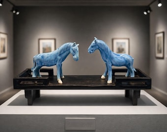 Hand crafted vintage Chinese porcelain turquoise blue horses pair circa mid 20th Century display wood stand